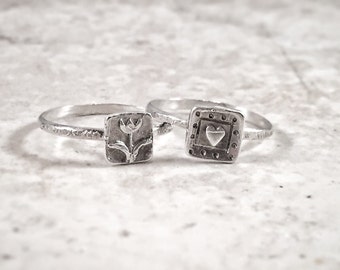 Tulip Ring, Heart Ring, Square Rings, Minimalistic Rings, Flower Ring, Tiny Small Rings, Stacking Rings, Gift for her, Boho Rings for Women
