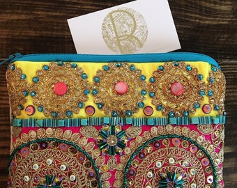 Embellished Bohemian Clutch. Gold and Pink Clutch