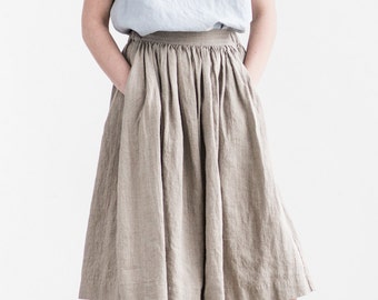 Linen skirt with deep pockets / A - line washed linen skirt in natural color / Midi linen skirt / High waist linen skirt