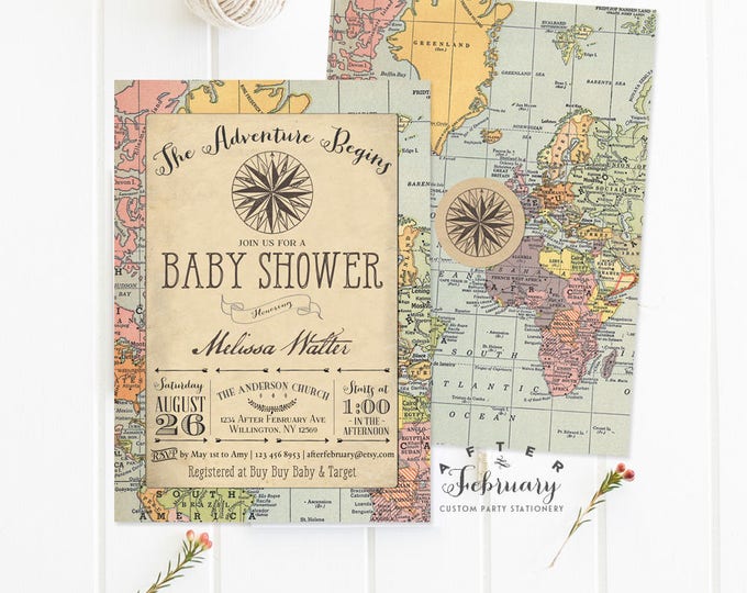 Adventure Baby Shower Invitation Around the World Baby Shower Invite Vintage Travel Baby Shower Invitation Printable No.1269BABY (V3)