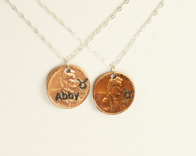 Taurus Necklace, Taurus Pendant, Birthday Necklace, Birthday Necklace, Taurus Birthday, Lucky Penny, Penny Necklace, Birthday Gift, Taurus