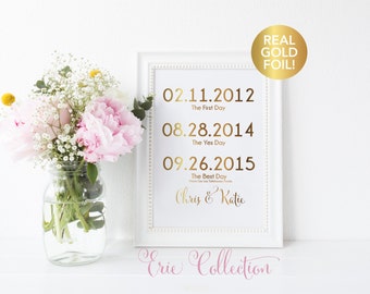Wedding Sign Print, Personalized Wedding Gift, Important Dates, The Best Day, The Yes Day, Real Gold Foil, Wedding Print, Custom sign