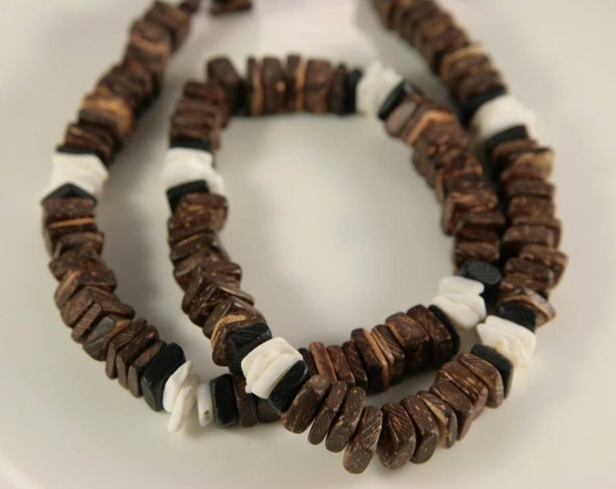 Tribal Wood Shell Necklace Brown Square Beads Dark Wood White Shell Bohemian Gift For Lady Women Necklace Short Beads Eco Nature Jewelry