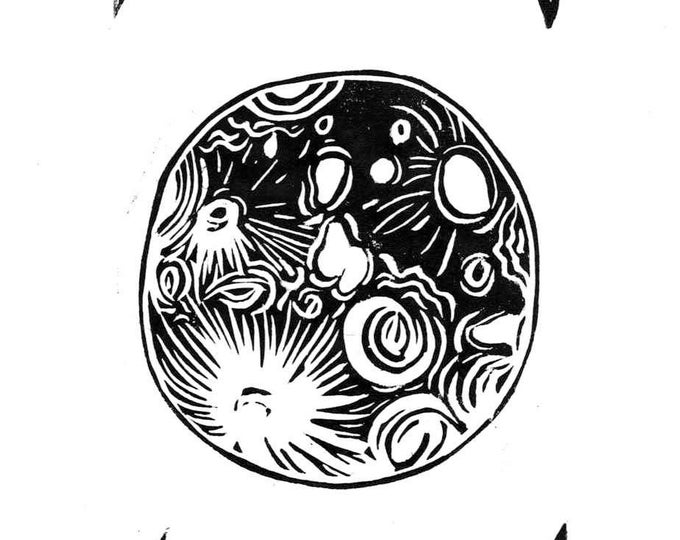 Moon Phases Linocut Print - Lunar Space Illustration Artwork A4 8 by 11 in