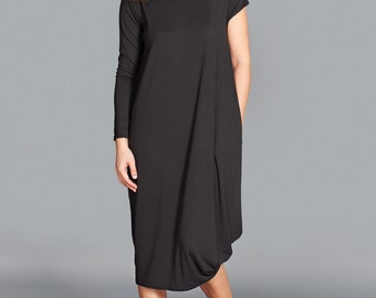 Black Midi Dress, Minimalist Dress, Plus Size Dress, Extravagant Dress, Trendy Dress, Short Sleeved Dress, Loose Dress, Gothic Dress