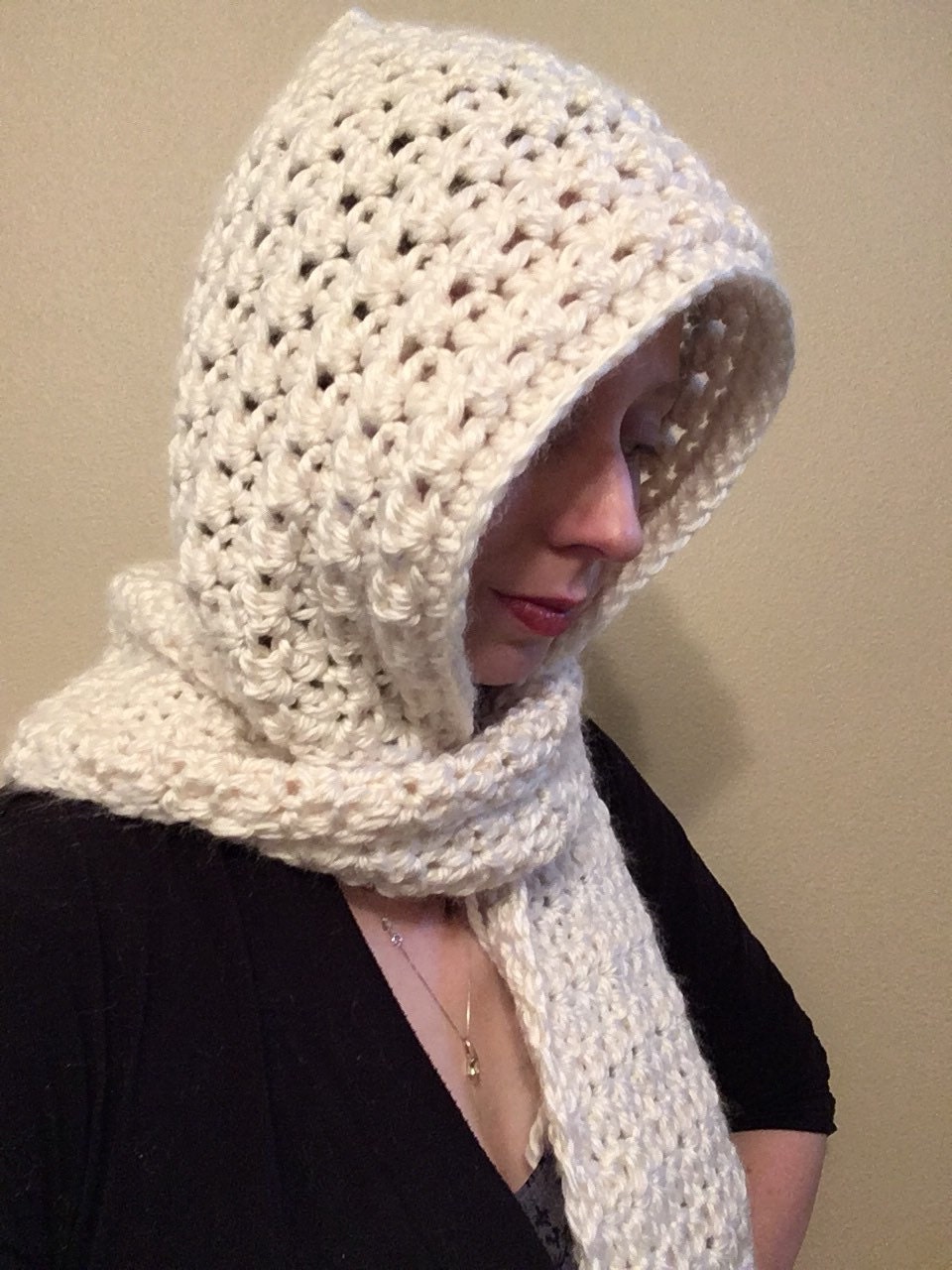 Adult Sized Crocheted Hooded Scarf with pockets and fringe