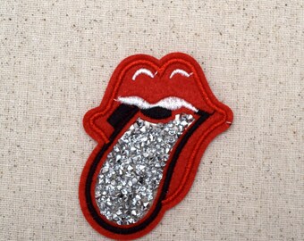 Lips and Tongue - Mouth - Crushed Crystals - Iron on Applique - Embroidered Patch - 604119