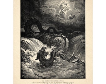 Gustave Dore's Destruction of Leviathan - Vintage Religious Art - Antique Wall Art - Old Maps and Prints - Isaiah 27 - Bible Verse Art
