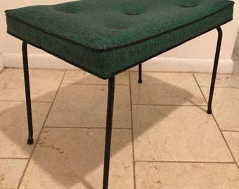 MID CENTURY Modern Black Wrought Iron Metal Turquoise STOOL Ottoman