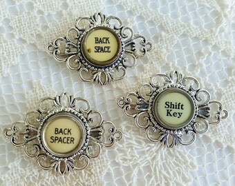 Typewriter Key Pin, Typewriter Brooch, Antique Typewriter Jewelry, Silver Filigree, Back Spacer, Shift Key, Back Space, Upcycled 18mm Key