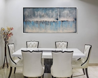 FRAMED Large Abstract Art Gray Original Painting Blue Gray Wall Art Modern Distressed, Large Contemporary Blue Gray Canvas Art, Christovart