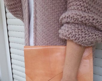 Salmon Leather Clutch, Apricot Leather Clutch, Apricot Pink Leather Clutch Asymmetric Flap, Salmon Pink Leather Clutch Diagonal Flap