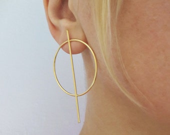 Circle Bar Earrings, Gold Round Studs, Trendy Circle Earrings, Geometric Earrings, Large Minimalistic Earrings, Loop Earrings / E523