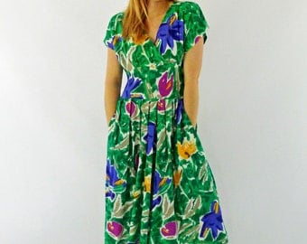 80s Green Floral Rayon Dress - Size Medium