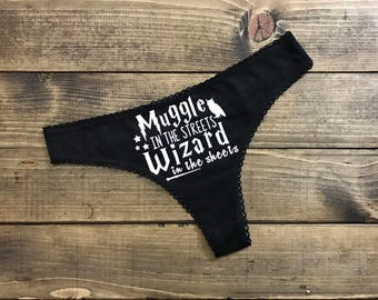 Harry Potter Underwear - Harry Potter Thongs - Harry Potter Women's Panties - Muggle in the Streets, Wizard in the Sheets Ladies Black Thong