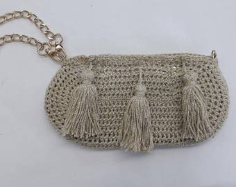 Knitted crocheted bag with leather details by Virsa Greece