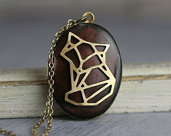 Walnut fox locket necklace. Wooden locket with origami style fox. Locket necklace for her.