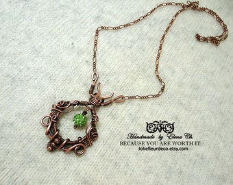 Copper wire necklace Copper wire pendant Wire wrapped jewelry Copper bead pendant Beaded necklace Wire-wrapped Pendant Green crystal bead