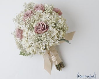 Bridal Bouquet, Rustic Bouquet, Dusty Rose Bouquet, Baby's Breath, Wedding Bouquet, Silk Flower Bouquet, Wedding Flowers, Mauve, Silk Flower