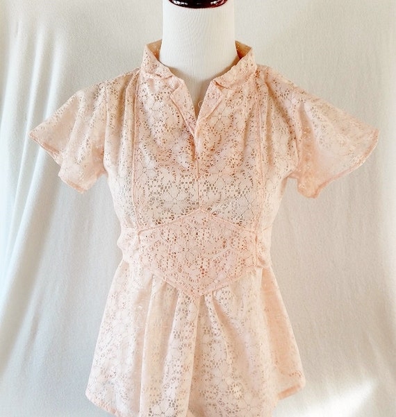 Vintage Pastel Peach Lace See Through Retro Shirt. Small