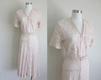 1940s Lace Dress | Pink Lace Dress | Eyelet Dress | Betty Hartford | Small