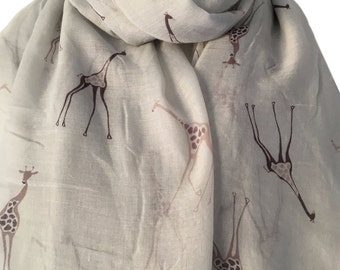 Giraffe Scarf, Ladies Pale Grey Scarf with a Beige Brown Giraffes Pint, Gray Wrap shawl