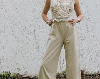 VTG 70's Creme White Crochet Flared Romantic Jumpsuit Disco Hippie Boho 1960's 60's