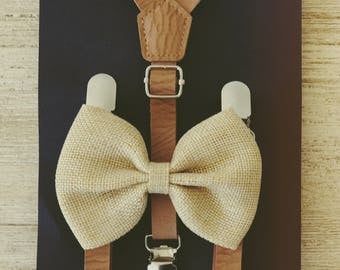 Rustic Burlap Bowtie Suspender Tan Bow Tie Suspender Little Boys Leather Suspenders Little Man Suspenders Leather Toddler Braces and Bowtie