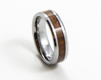 Elegant Koa Wood, Thin Men's Wedding Band, 6MM, Men's Ring, Tungsten Carbide Ring, Wood Inlay, Sizes 7-13