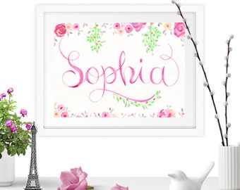Custom name, Original watercolor painting, Nursery wall art girl, Custom illustration, Personalized baby name