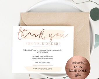INSTANT Business Thank You Cards, Editable PDF Packaging Inserts for Online Shops, Etsy Sellers | Faux Rose Gold, Emma | Instant Download