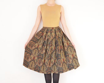 Vintage High Waist Pleated Skirt // Paisley Pattern // Green Brown Wool Vintage Midi Skirt // Best fits size M