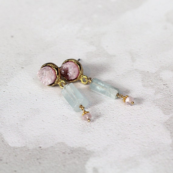 Raw Aquamarine Earrings - Rose Quartz Earrings