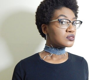 Frayed Denim Choker, Thin Width, Light Dark Wash // 90s Inspired// Handmade