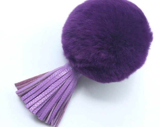 Deep Purple Rex Rabbit Fur Pompon bag charm pendant Fur Pom Pom keychain with real leather tassel