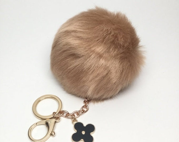Beige Faux Rabbit Fur Pom Pom bag Keyring keychain fake ball puff