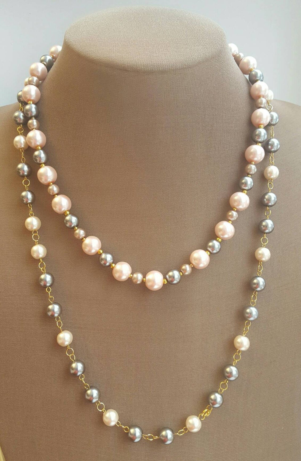 Two strand Pink and grey pearl necklace grey pearl