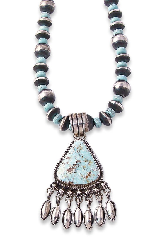 Navajo Dry Creek Turquoise Pendant Silver Bead NecklaceNative