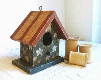 Small Decorative, Rustic, Patriotic Birdhouse - Hand Painted Red, White, and Blue with Eyehook for Hanging
