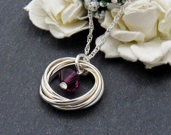 Sterling Silver 50th Birthday, Gift for Her, Amethyst Necklace for Women, February Birthstone Necklace, Solid Silver Interlocking Ring