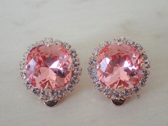 Rose Peach & Clear Crystal Halo Clip On Earrings, Rose Gold
