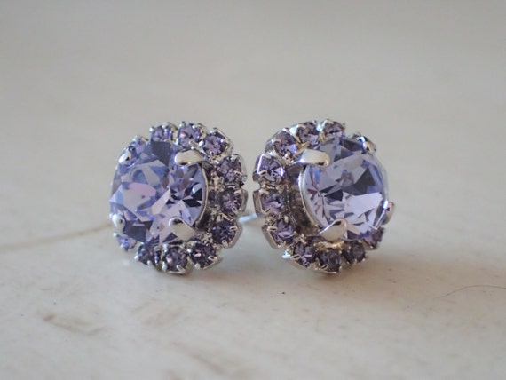 Provence Lavender and Tanzanite Crystal Halo Post Earrings, Silver