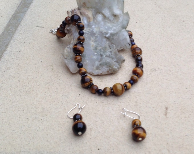 Tiger Eye Necklace, Tiger Eye and Blue Sunstone Necklace with gun metal spacer beads, Tiger Eye and sunstone Jewellery, 12mm 8mm tiger eye