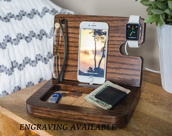 Nightstand Organizer, Student Gift, Personalized mens gifts, Gifts for Her, Gifts for Boyfriend, Wood Docking Station, Iphone Docking
