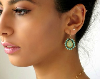 Turquoise earrings gold, Mother gift, Dangle earrings, Gift for women, Teardrop earrings, Victorian earrings, Vintage style jewelry