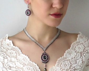 Beaded jewelry sets, Beaded statement necklace and Grey earrings, Necklace and earring set, Swarovski jewelry set, Gray necklace