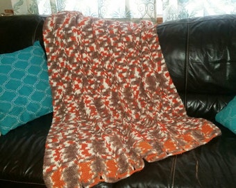 Vintage Afghan / Orange Brown Cream / Gift for Him / Cabin Decor / Winter is Coming