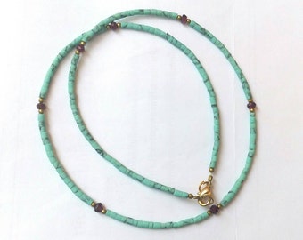 FREE Shipping Worldwide Natural Afghanistan Turquoise Garnet & Brass Tiny Seed Beads Necklace 17.7 inches Handmade Jewelry Make for Order