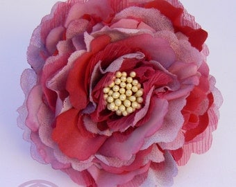 Silk Peony brooch, "somebana": 3 different silks dyed, cut and modeled handmade, millinery work, perfect and smart present.