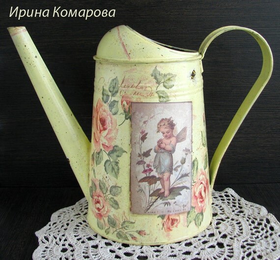 Items similar to Metal galvanized watering can Decoupage Modern vase